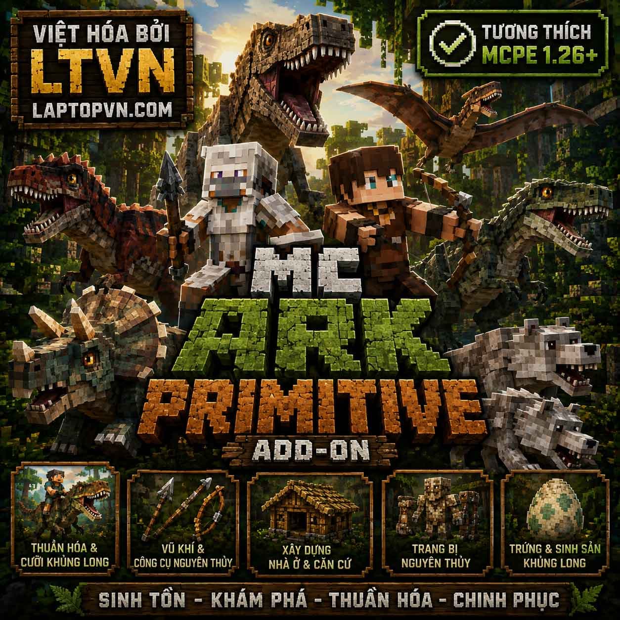 Addon Khủng Long MC ARK Primitive Tiếng Việt cho MCPE 1.26+.mcaddon